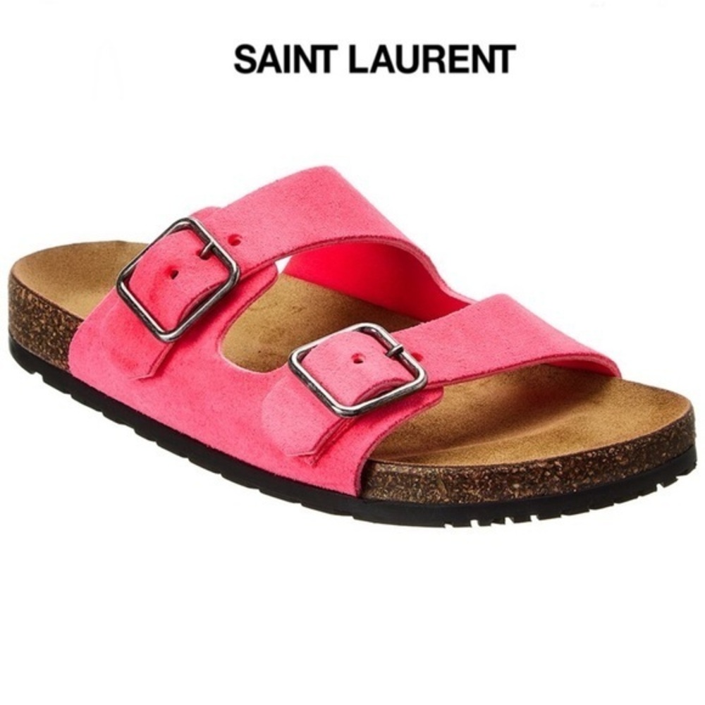 Saint Laurent Jimmy Slide Pink Suede Sandals with Buckle Closure Slip-On 745$